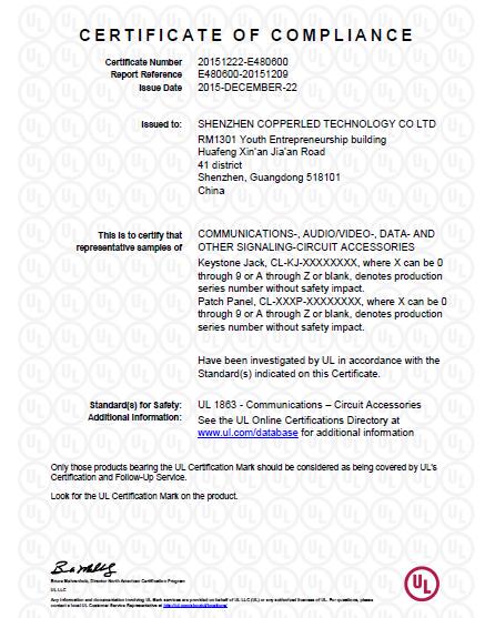 UL certificate for Patch Panel & Network Keystone jack